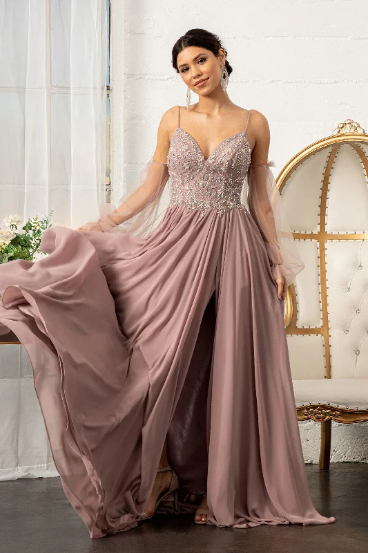 Evening Dress with Lace Back and Sleeves-Long Beaded Bodice Chiffon Dress by Elizabeth K GL3005