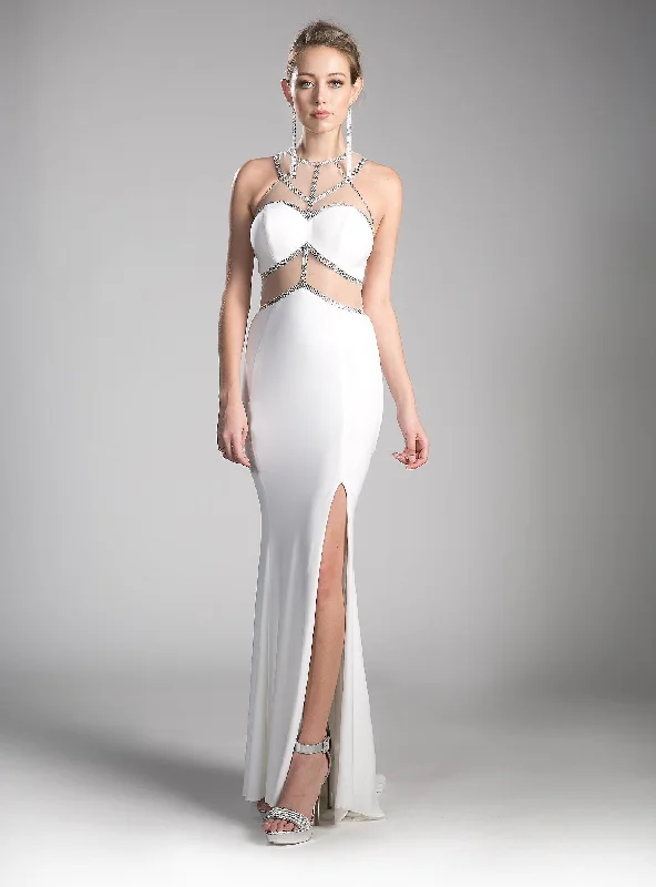 Evening Dress with Lace and Silk Layers-Fitted Long Illusion Dress with Slit by Cinderella Divine CD0115