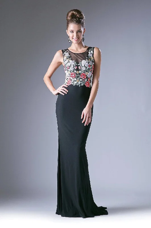 Evening Dress with Floor-Length Hemline-Floral Applique Sleeveless Gown by Cinderella Divine HW11