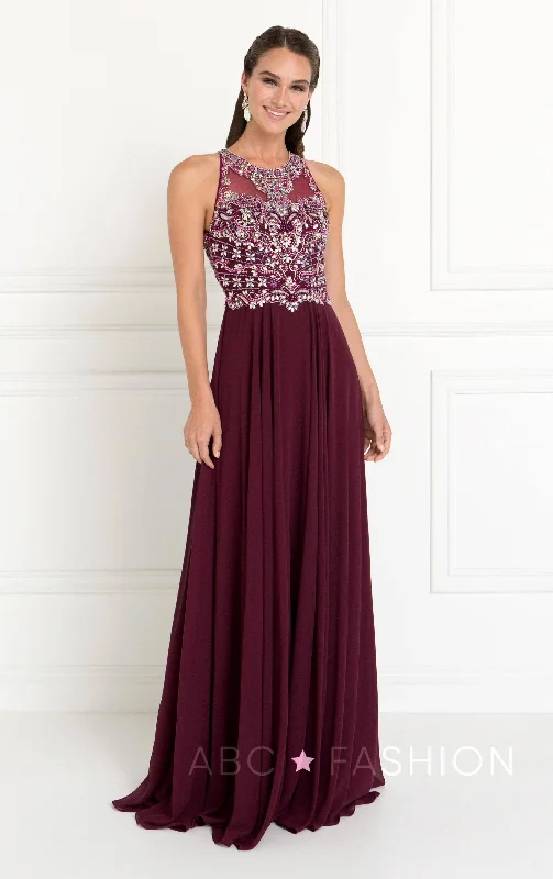 Evening Dress with Crystal Details and Skirt-Long Dress with Jeweled Bodice by Elizabeth K GL1564