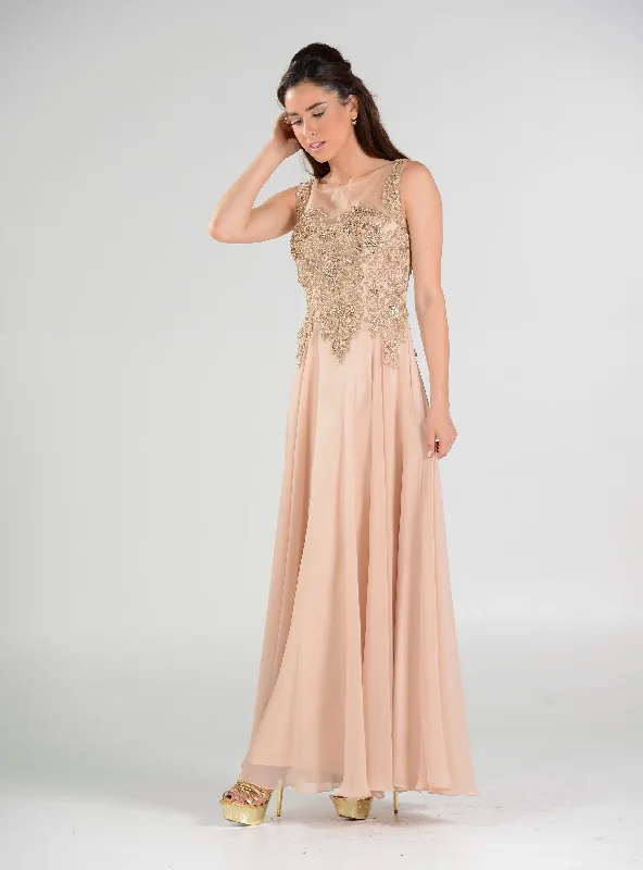 Evening Dress with Layered Chiffon Skirt-Long Chiffon Dress with Lace Applique Bodice by Poly USA 7644