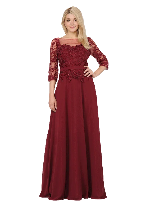 Evening Dress with Off-Shoulder Design-Long Chiffon Dress with Sheer Lace Sleeves by Poly USA 7598