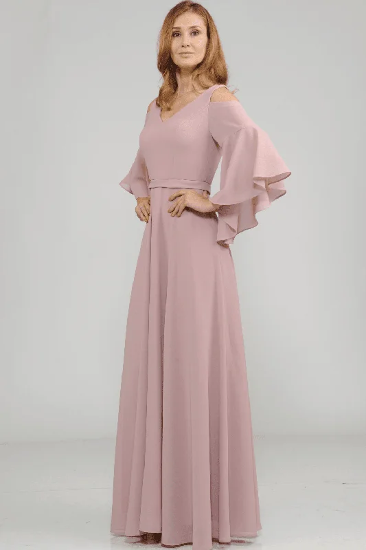 Evening Dress with Ribbon Detail-Long Cold Shoulder Dress with Bell Sleeves by Poly USA 8300