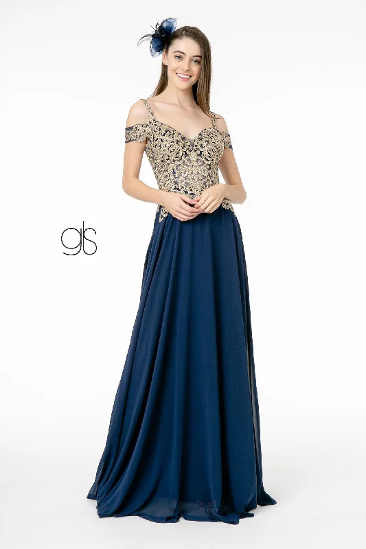 Evening Dress with Deep Cut Bodice-Long Cold Shoulder Dress with Gold Appliques by Elizabeth K GL2998