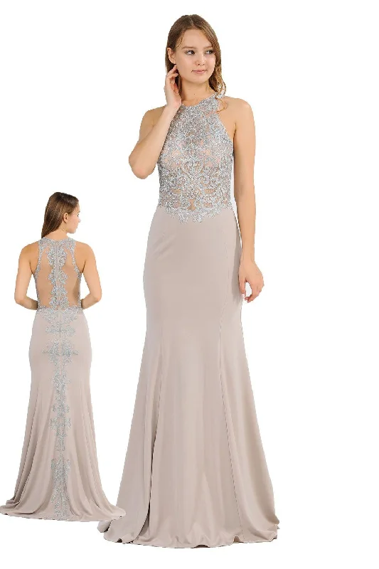 Evening Dress with Sheer Tulle Skirt-Long Embroidered Dress with Sheer Back by Poly USA 8314