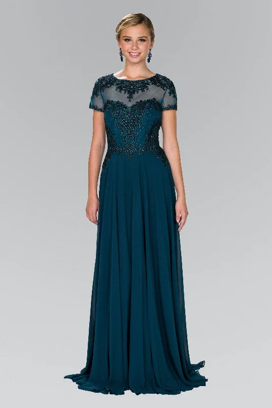 Evening Dress with Satin and Embellishments-Long Embroidered Dress with Short Sleeves by Elizabeth K GL2406