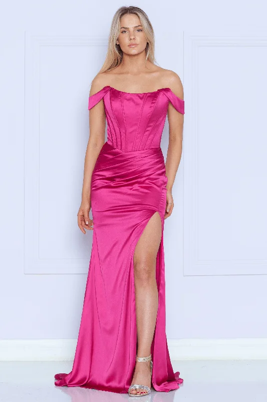 Evening Dress with Embellished Crystal Hem-Long Fitted Corset Slit Dress by Poly USA 9024