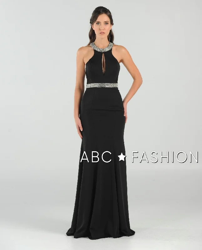 Evening Dress with Layered Beads and Crystals-Long High-Neck Dress with Beaded Keyhole Bodice by Poly USA 8066