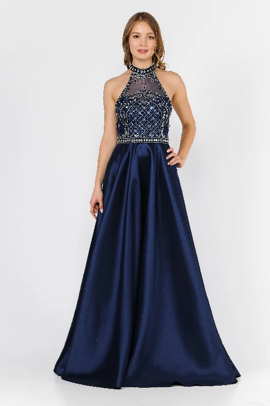 Evening Dress with Floral Beaded Detail-Long High-Neck Illusion Dress with Beaded Bodice by Poly USA 8344