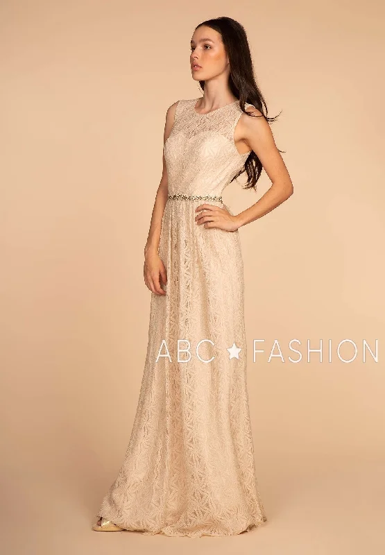 Evening Dress with Lace Drapes-Long Lace Dress with Jeweled Waistband by Elizabeth K GL2611