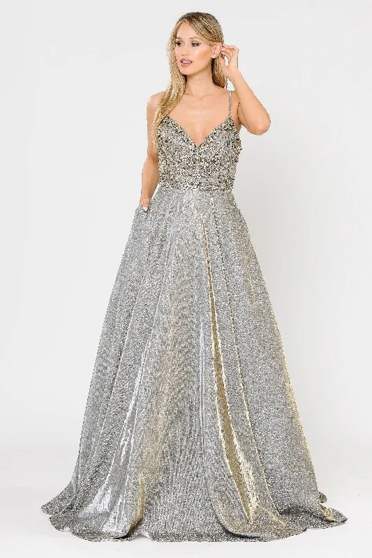 Evening Dress with Crystal Bodice and Tulle-Long Metallic Glitter Dress with Beaded Bodice by Poly USA 8414