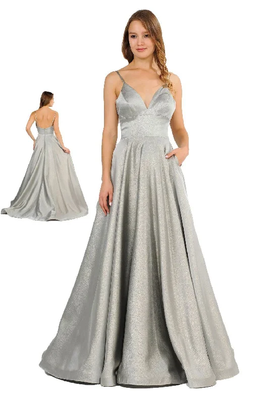 Evening Dress with Satin Ruffle Skirt-Long Metallic V-Neck Dress with Pockets by Poly USA 8358