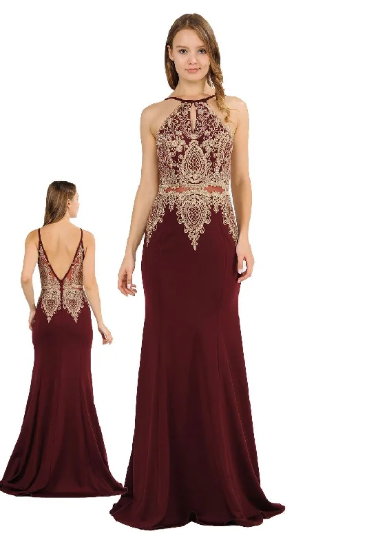 Evening Dress with Satin and Lace Bodice-Long Mock Two-Piece Dress with Lace Appliques by Poly USA 8244