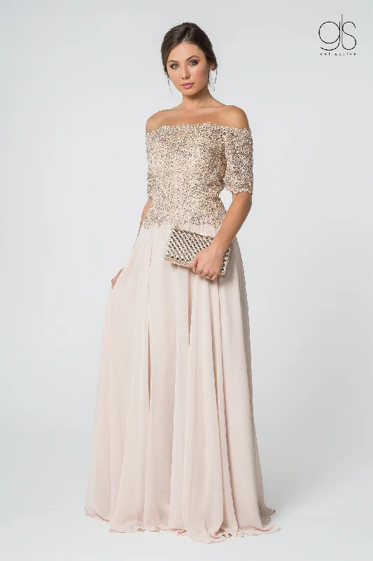 Evening Dress with Pleated Silk Detail-Long Off Shoulder Dress with Embroidered Bodice by Elizabeth K GL2525 - Outlet