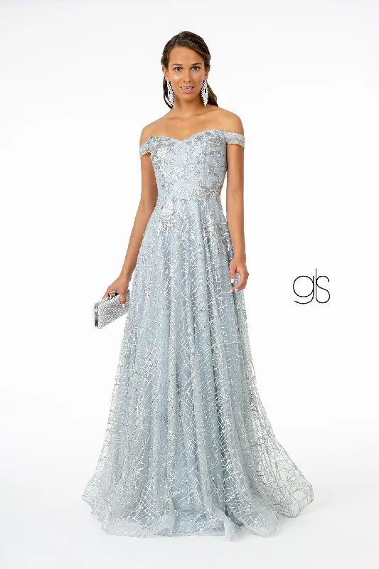 Evening Dress with Strapless Design-Long Off Shoulder Glitter Print Dress by Elizabeth K GL2887