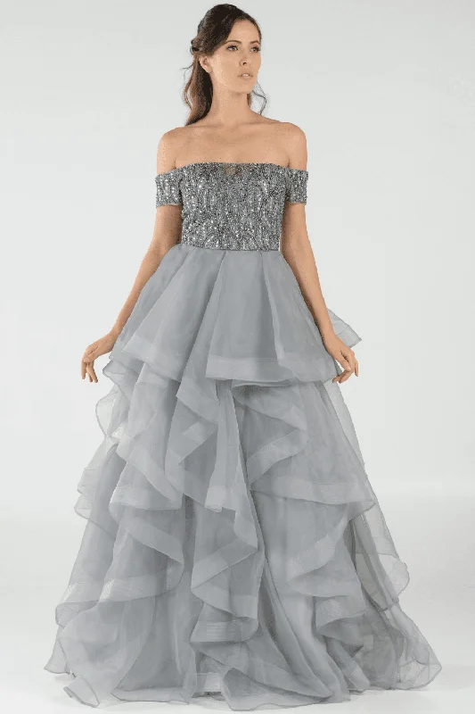 Evening Dress with Satin Bow on Waist-Long Off the Shoulder Dress with Tiered Skirt by Poly USA 8006