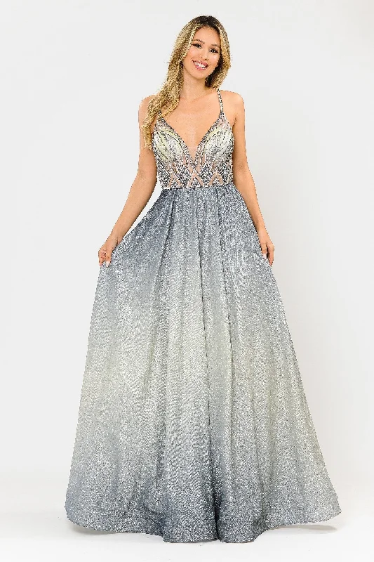 Evening Dress with Classic Lace Details-Long Ombre Glitter Dress with Sheer Bodice by Poly USA 8350