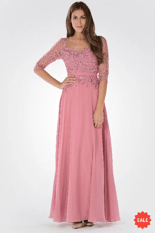 Evening Dress for VIP Wedding-Long Dress with Illusion Lace Sleeves by Poly USA 7598