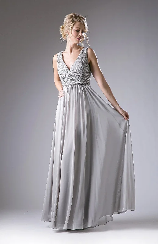 Evening Dress with Sheer Sleeves-Long Pleated V-Neck Dress by Cinderella Divine 1001