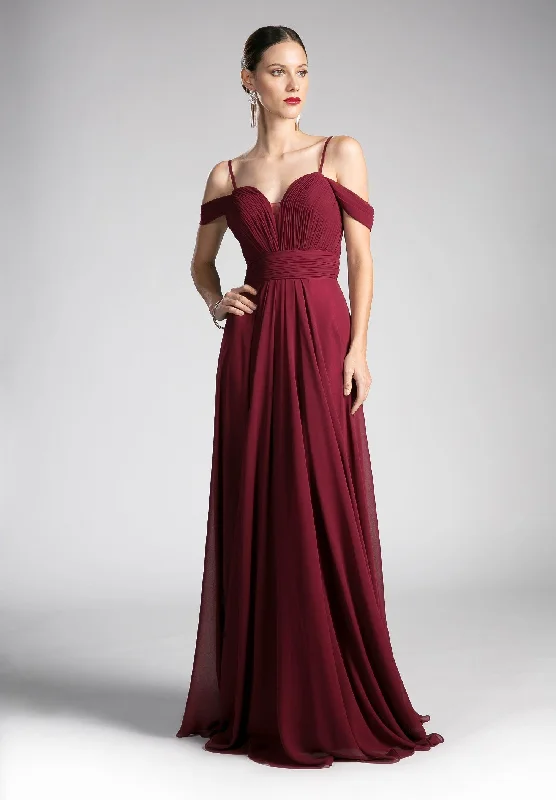 Evening Dress with Satin Trim and Embellishments-Long Ruched Cold Shoulder Dress by Cinderella Divine CJ241