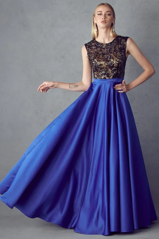 Evening Dress with Beaded Bodice and Train-Long Sequin Bodice A-line Dress by Juliet 661