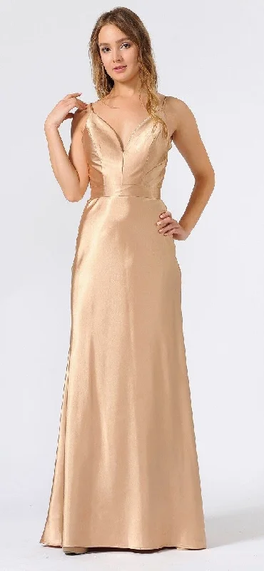 Evening Dress for Summer Formal Event-Long Shiny Charmeuse Dress with V-Neckline by Poly USA 9028