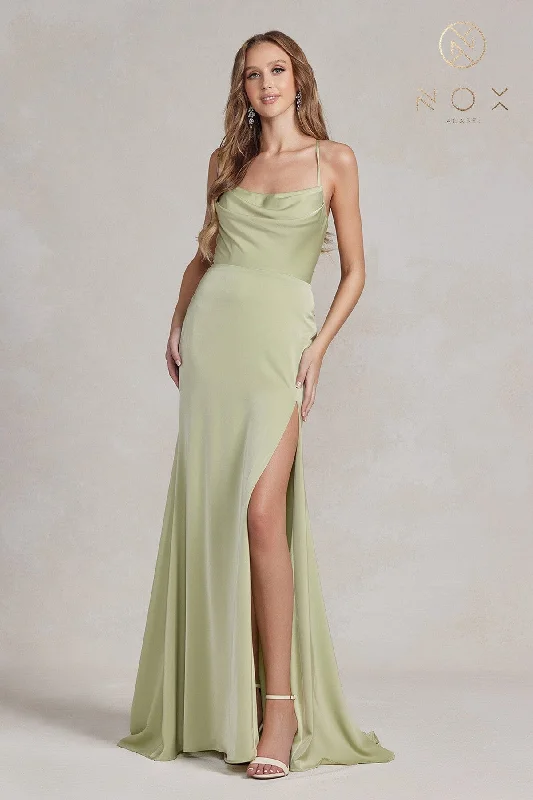 Evening Dress with Soft Mesh and Embellishments-Long Sleeveless Cowl Dress by Nox Anabel E1068