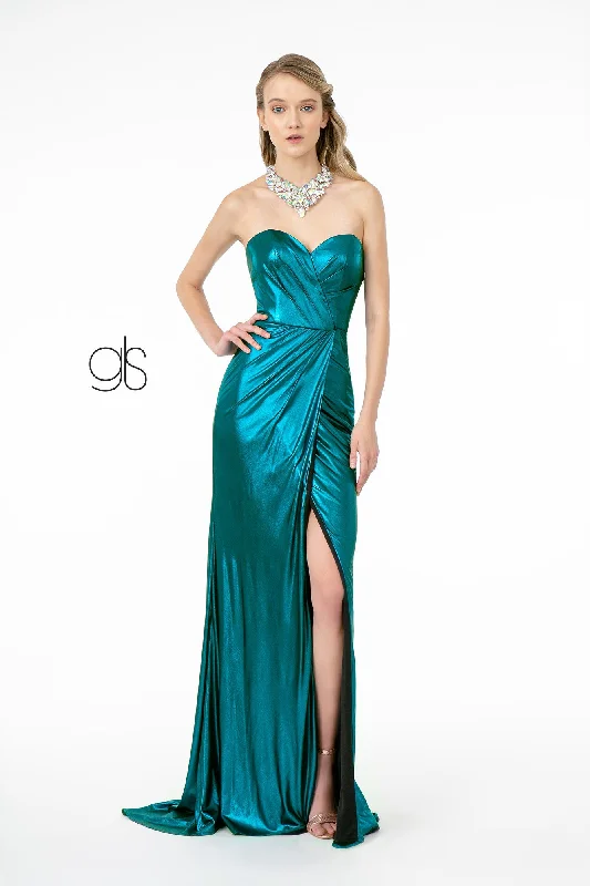 Evening Dress with Beaded Bodice and V-Back-Long Strapless Faux Wrap Metallic Dress by Elizabeth K GL2894