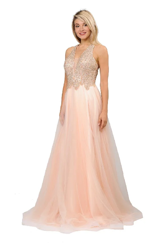 Evening Dress for Formal Wedding Celebration-Long V-Neck Mesh Dress with Beaded Bodice by Poly USA 8412