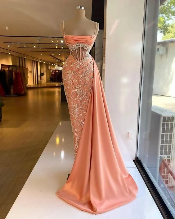 Evening Dress with Beads and Satin Hem-Mermaid Long Evening Dress spaghetti straps prom dress party dress  C2186