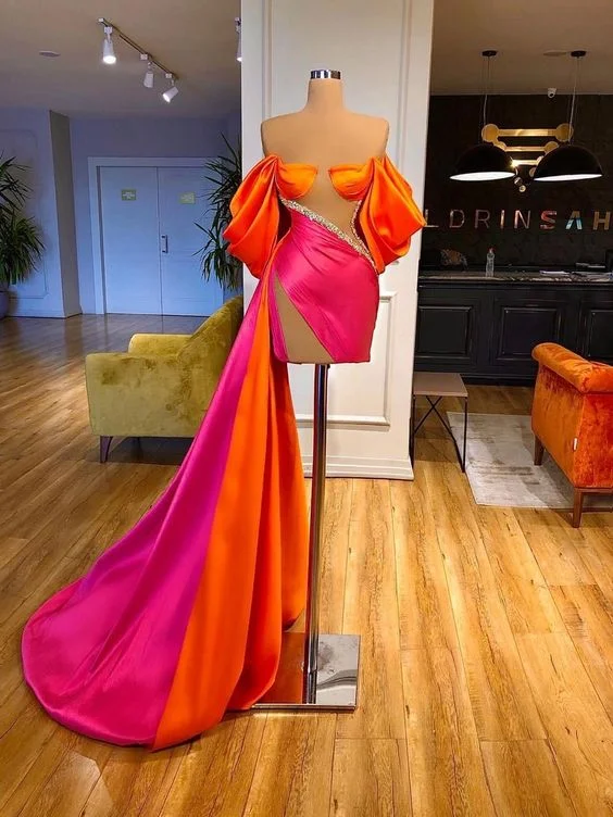 Evening Dress with Satin Bodice and Mesh-mermaid prom dresses short off the shoulder beaded elegant simple satin formal prom gown C2392