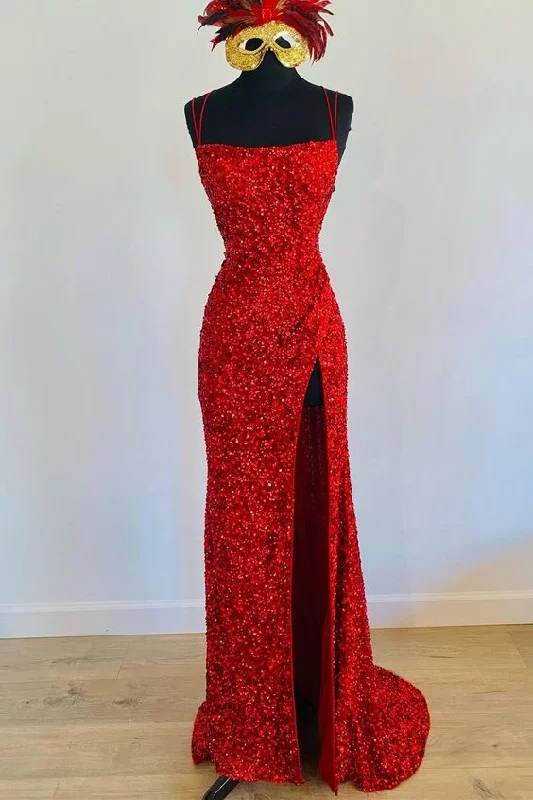 Evening Dress with Feather Detail at Hem-Mermaid Red Sequin Long Prom Dress with Slit C2294