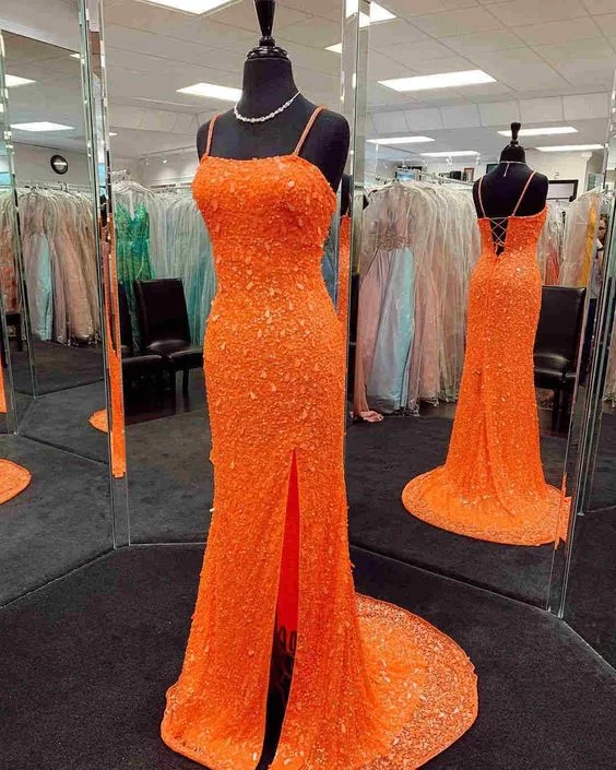 Evening Dress for Fall Wedding-Mermaid Sequined Orange Prom Dress with Slit C2016