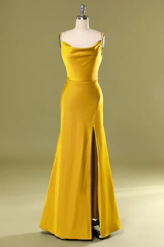 Evening Dress with Beaded Bodice and Skirt-Mermaid Slit Long Prom Dress - Yellow C2076