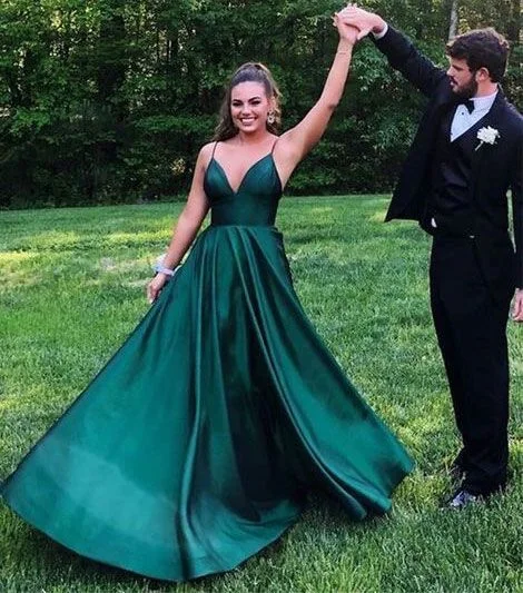 Evening Dress with Back Tie Detail-Spaghetti Straps Green Prom Dresses C1657