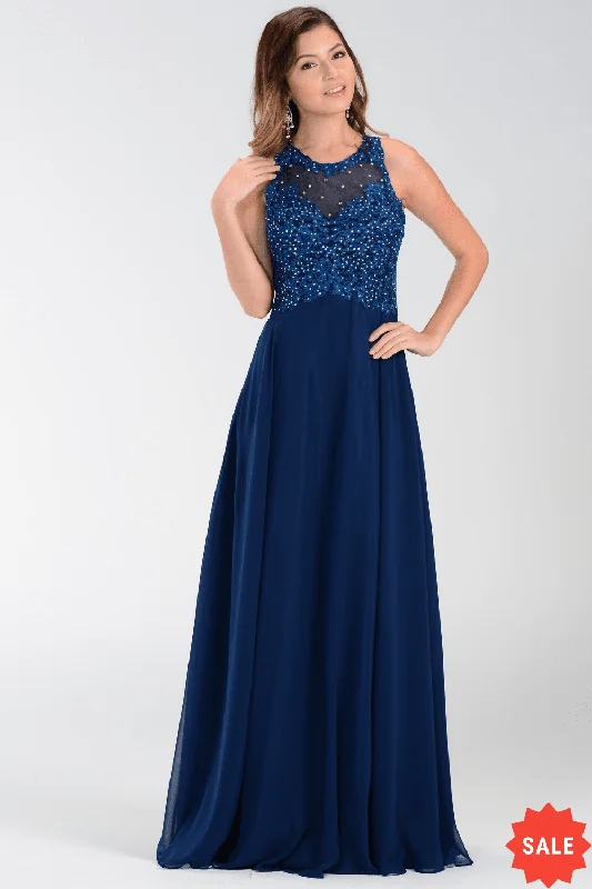 Evening Dress with Satin Bow Detail-Long Chiffon Dress with Lace Applique Top by Poly USA 7454