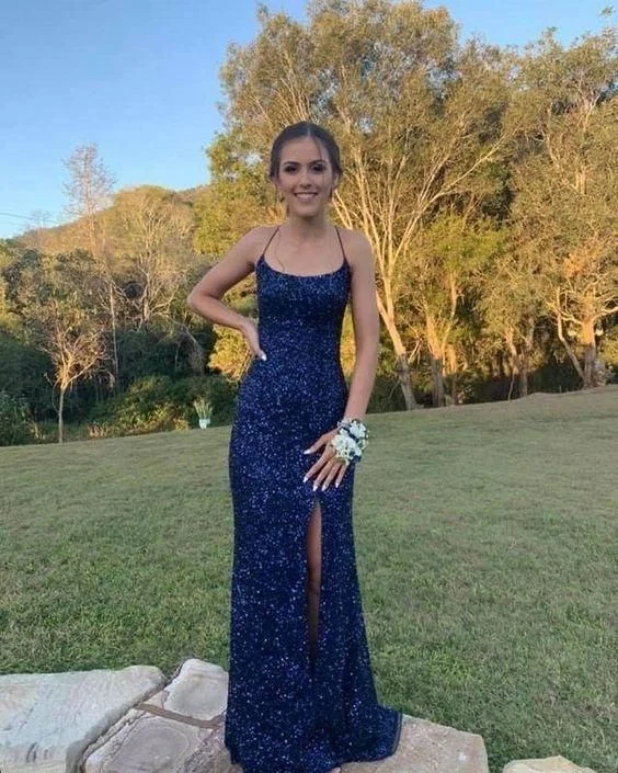 Evening Dress with Crystal Overlay-Navy Blue Sequin Long Prom Dresses Mermaid Cross Back Evening Party Dresses C2261