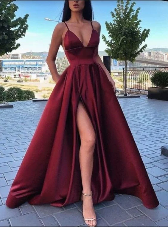 Evening Dress for Charity Ball-New Designer V-neck A-line Prom Dresses - Burgundy C2018