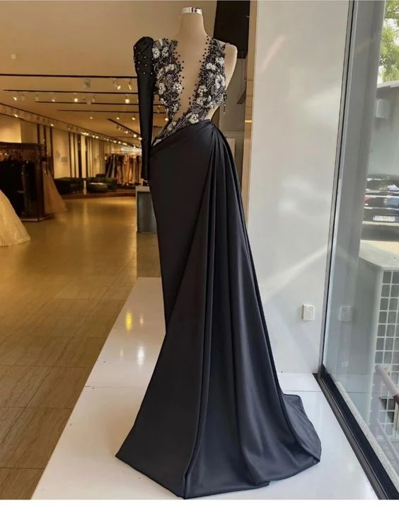 Evening Dress with Silk Organza Layers-Newest prom dresses, black prom dresses, long sleeve prom dresses, hand made flowers prom dresses, black evening dresses, long sleeve evening gowns, beaded prom dresses, cheap evening gowns c2464