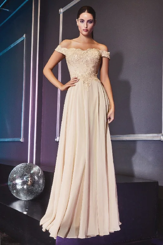 Evening Dress with Crystal Straps-Off Shoulder Lace Bodice Gown by Cinderella Divine 7258 - Outlet