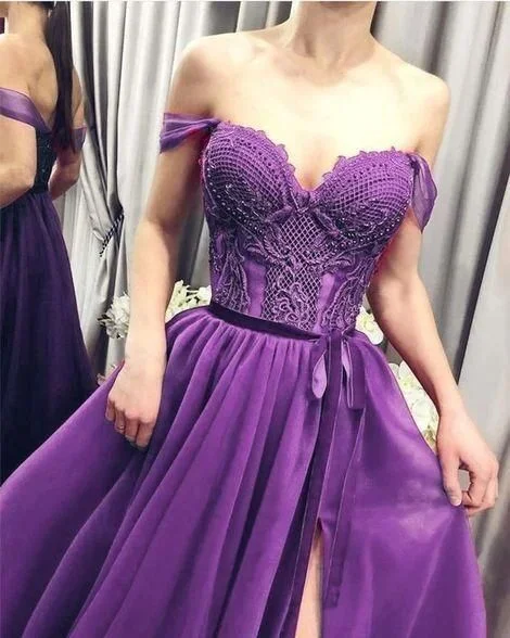 Evening Dress with Tiered Skirt-Off Shoulder Purple Split Slit Long Prom Dresses Formal Evening Dresses C2338