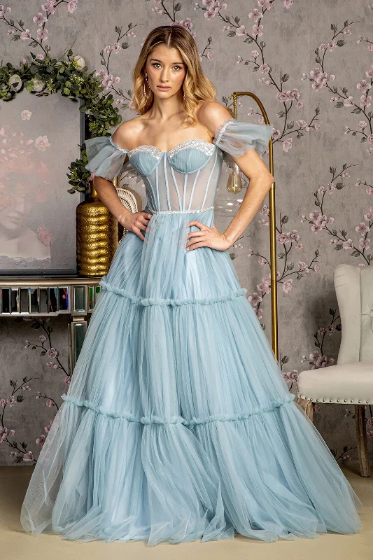 Evening Dress with Satin and Crystal Bodice-Off Shoulder Sheer Corset Tiered Gown by GLS Gloria GL3453