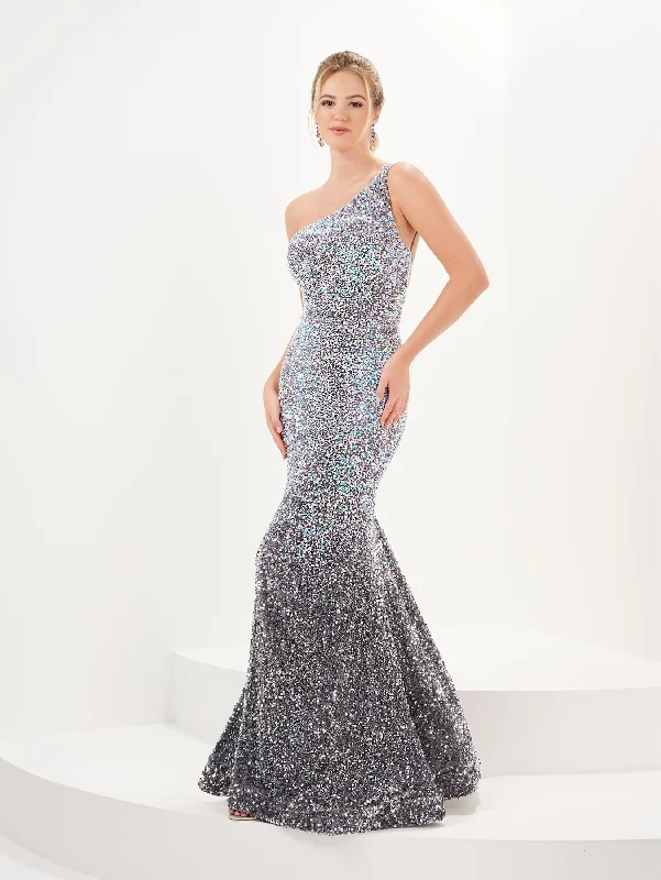 Evening Dress with Structured Satin and Lace-Ombre Sequin One Shoulder Gown by Tiffany Designs 16089