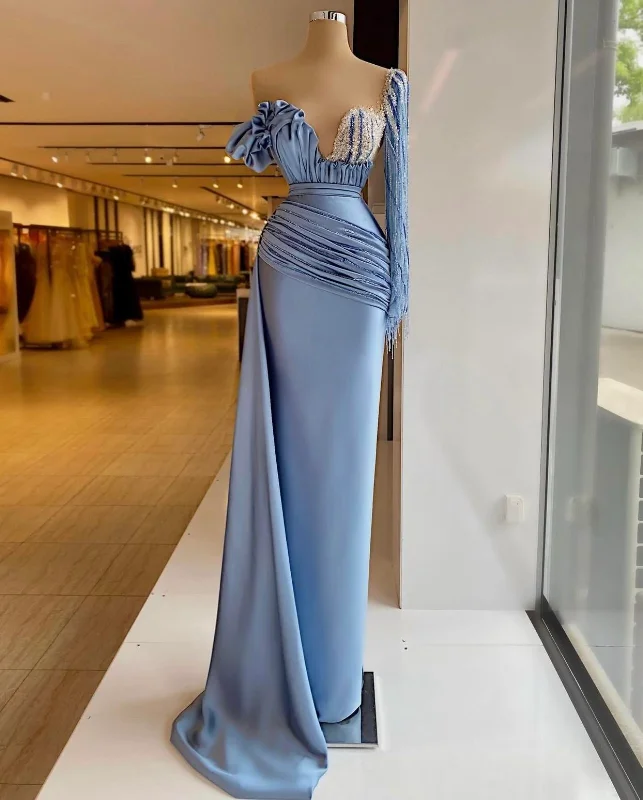 Evening Dress with Beaded Detail and Silk-One Shoulder Blue Mermaid Evening Dresses Crystal Long Sleeve Beaded Formal Prom Dress Custom Made Plus Size Pageant Wear Party Dress C2405