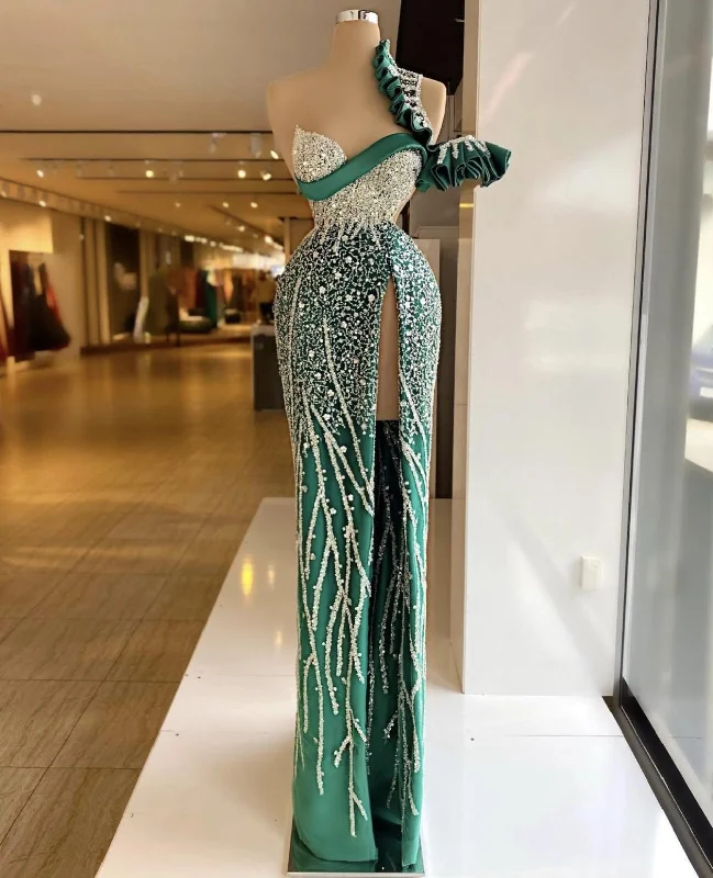 Evening Dress with Satin Overlay-One Shoulder Green Mermaid Evening Dresses Crystal Beaded High Side Split Formal Prom Gowns Custom Made Plus Size Pageant Wear Party Dress C2075