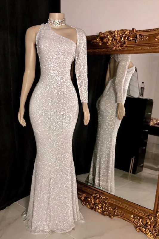 Evening Dress with Dramatic Skirt-One Shoulder Long Sleevess Silver Party Dress Sequins Mermaid Prom Dress C2002