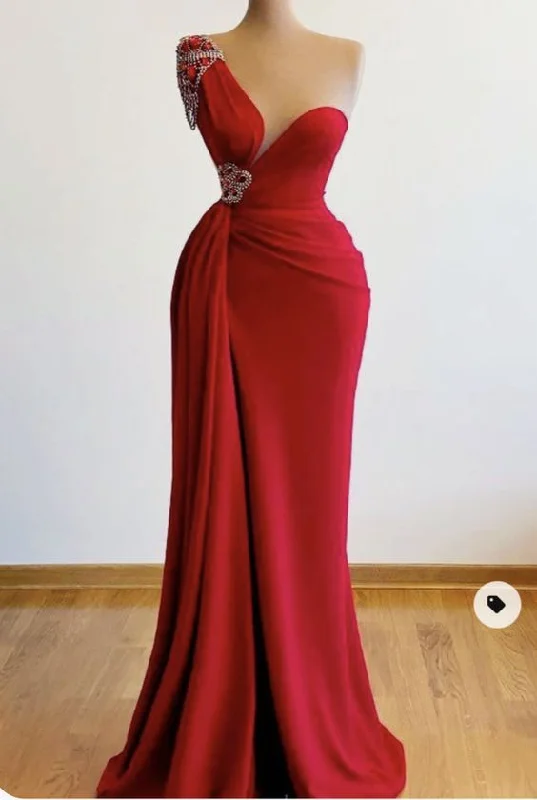 Evening Dress for Red Carpet Event-One Shoulder Red Prom Dresses with Beading c2469