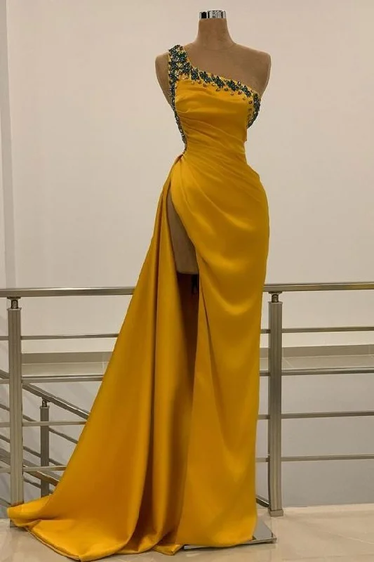 Evening Dress with Tiered Layers-One Shoulder Yellow Slit Prom Dress Long With Beads C2079