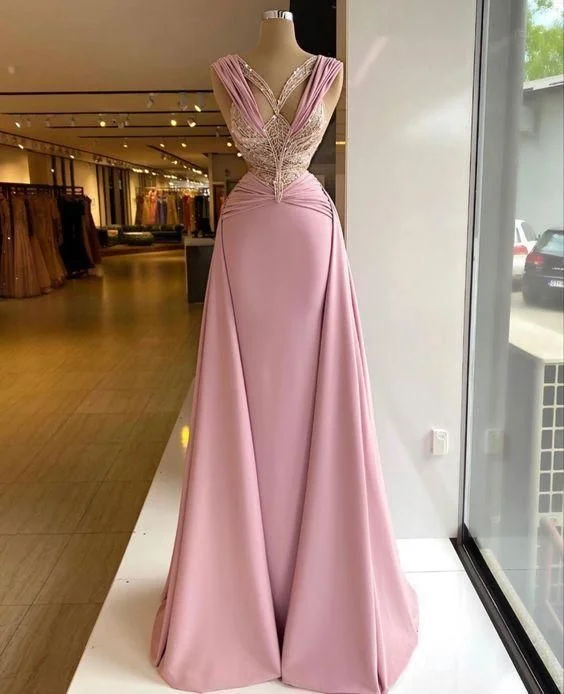 Evening Dress with Crystal Lace Detailing-Pink Long evening Prom Dress C2237