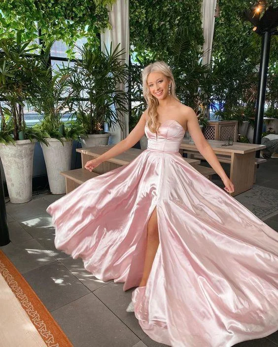 Evening Dress with Soft Satin Bodice and Skirt-Pink Strapless Long Prom Dress With Split  C2444